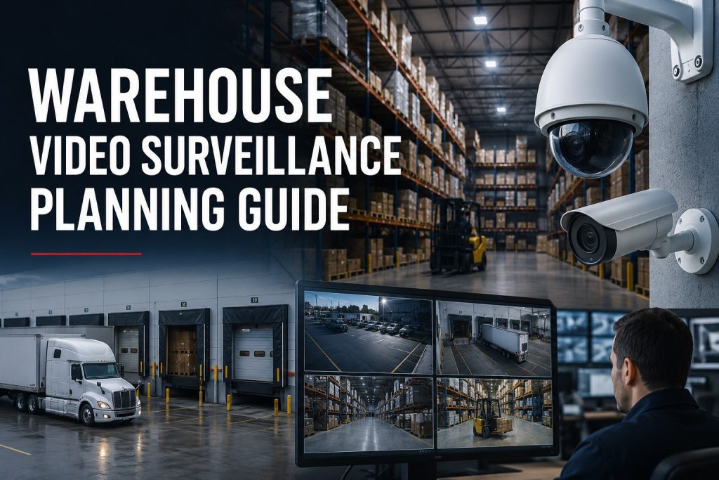 Warehouse video surveillance planning guide showing warehouse aisles, loading docks, security cameras, video monitoring screens, and commercial distribution operations.