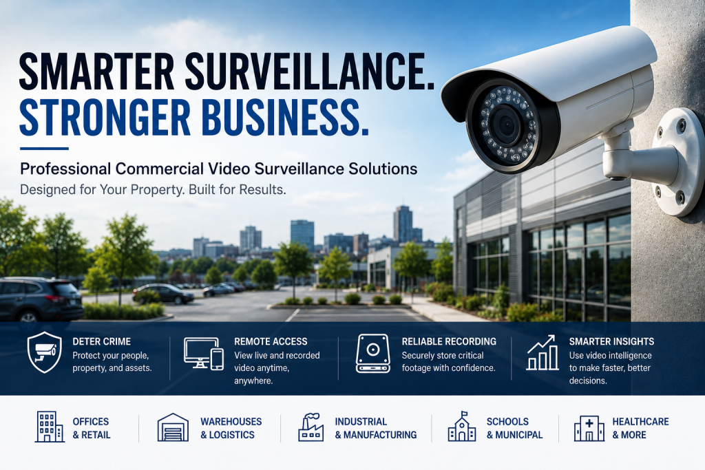 Commercial video surveillance planning for businesses, featuring a professional security camera overlooking a modern commercial property with remote access, reliable recording, smarter video insights, and protection for offices, warehouses, industrial facilities, schools, and healthcare properties.